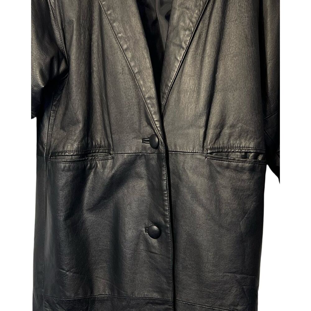 G-III Black Leather Trench Coat Womens Size M Long Maxi Jacket Button Front Vntg - Picture 6 of 14